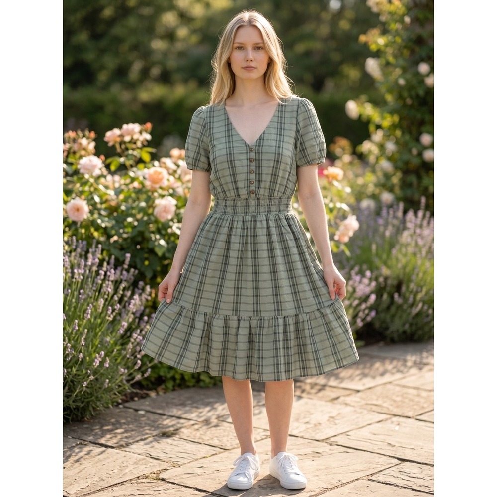 Inspired Hearts Women's Plaid Tiered‎ Dress Olive/green Color Size Small